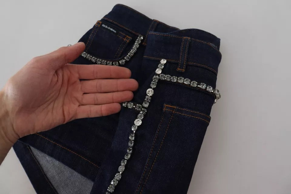 Dolce & Gabbana Blaue Denim Stretch Crystal Hot Pants Shorts