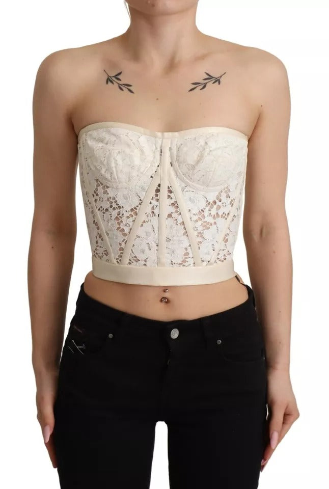 Dolce & Gabbana Weißes trägerloses Bustier-Top mit floraler Spitze