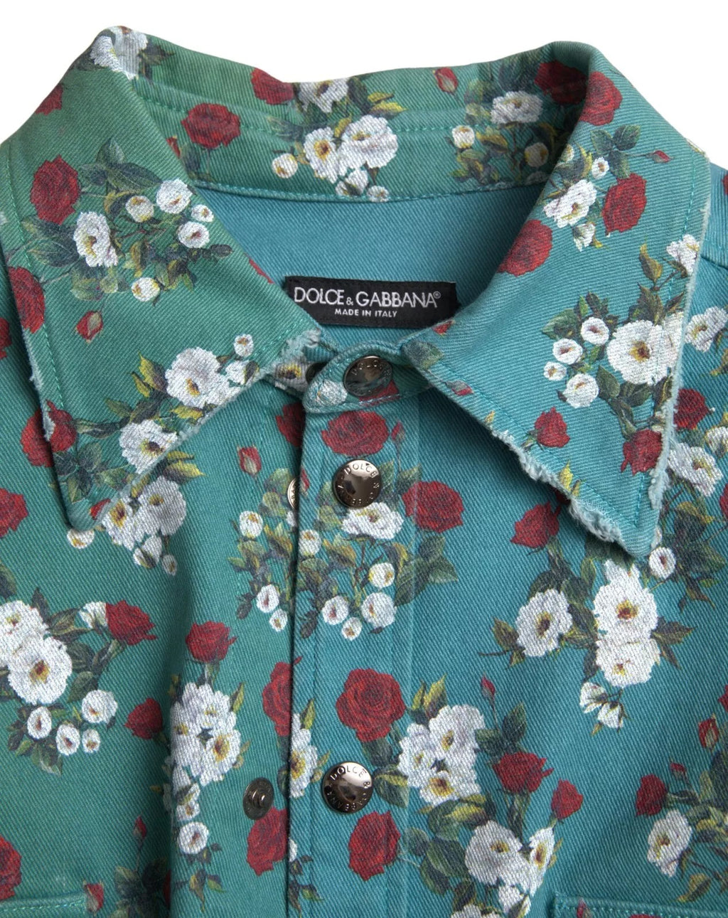 Dolce & Gabbana Blaues Jeanshemd aus Baumwolle mit Blumenmuster und Knopfleiste