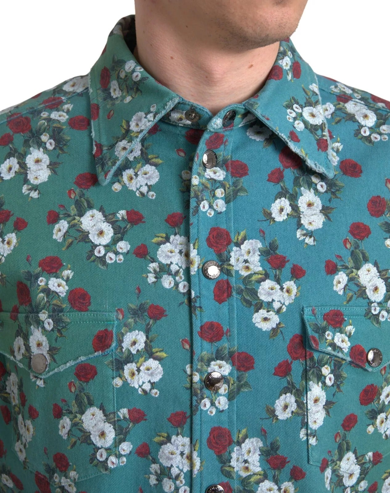 Dolce & Gabbana Blaues Jeanshemd aus Baumwolle mit Blumenmuster und Knopfleiste