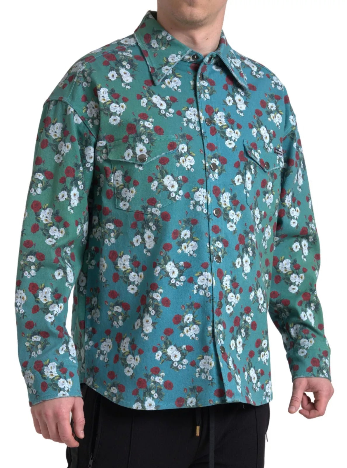 Dolce & Gabbana Blaues Jeanshemd aus Baumwolle mit Blumenmuster und Knopfleiste
