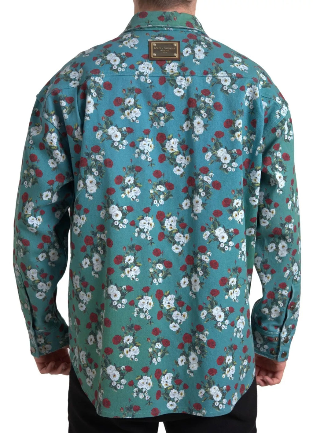 Dolce & Gabbana Blaues Jeanshemd aus Baumwolle mit Blumenmuster und Knopfleiste