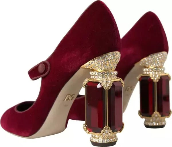 Dolce & Gabbana Rot Samt Gold Kristalle Heels Mary Janes Schuhe