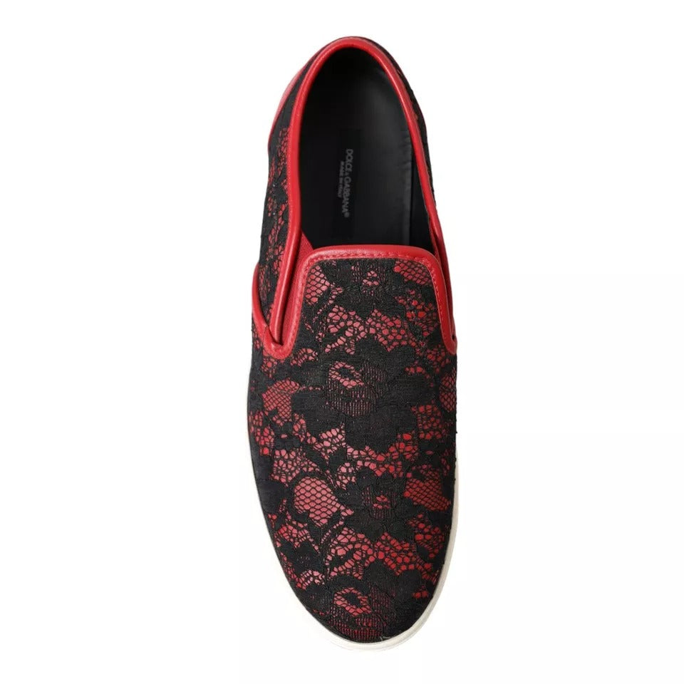 Dolce & Gabbana Schwarz Rot Spitze Slip On Low Top Sneakers Schuhe