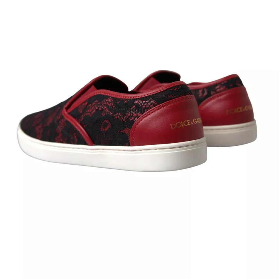 Dolce & Gabbana Schwarz Rot Spitze Slip On Low Top Sneakers Schuhe