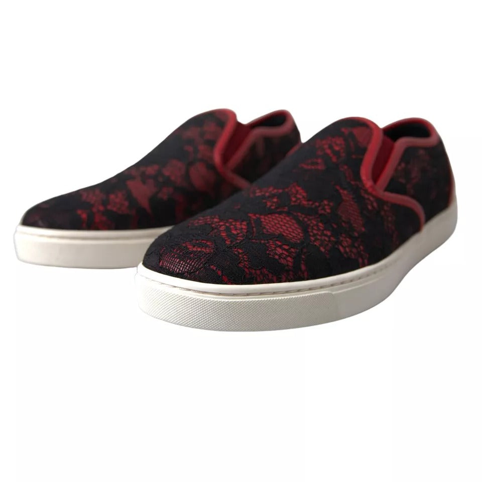 Dolce & Gabbana Schwarz Rot Spitze Slip On Low Top Sneakers Schuhe