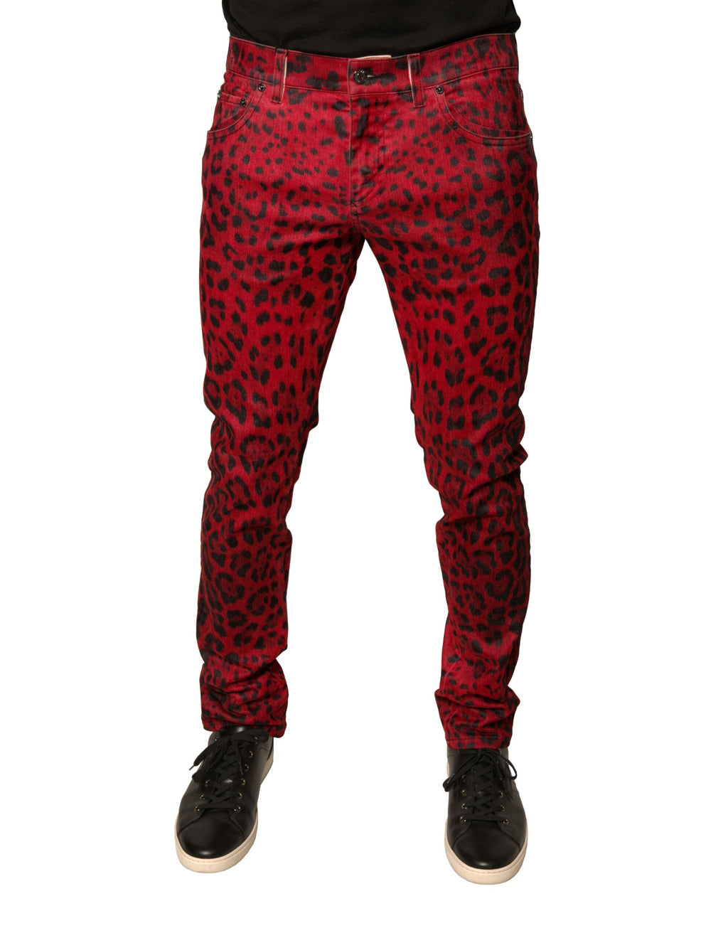 Dolce & Gabbana Rote Leoparden-Baumwoll-Stretch-Denim-Jeans