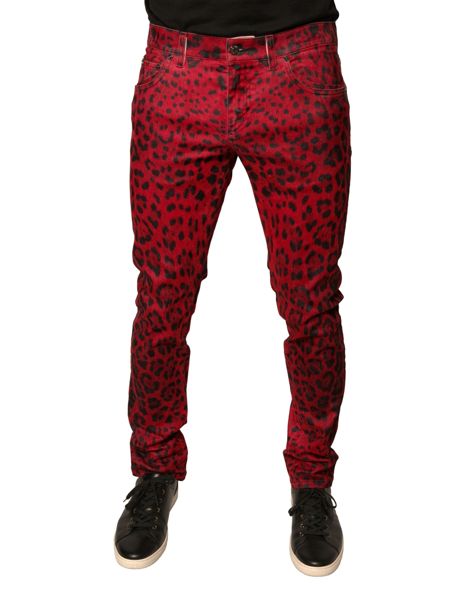 Dolce & Gabbana Rote Leoparden-Baumwoll-Stretch-Denim-Jeans