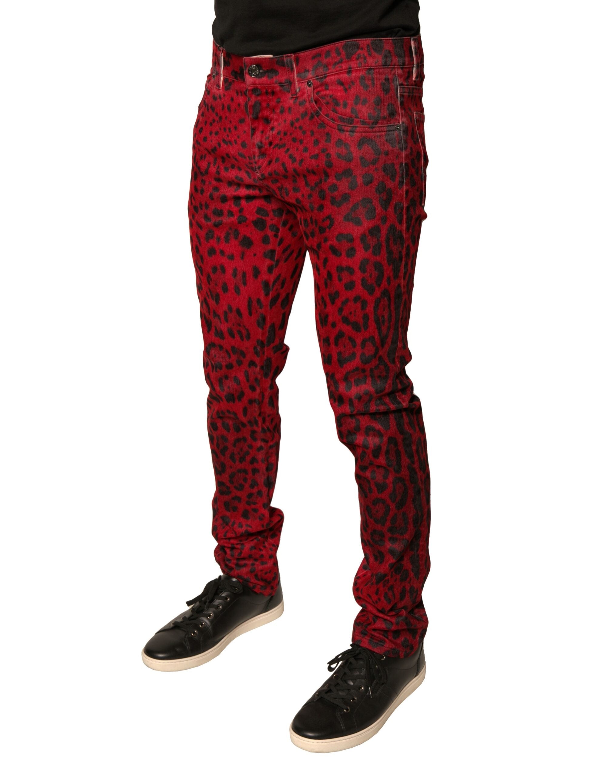 Dolce & Gabbana Rote Leoparden-Baumwoll-Stretch-Denim-Jeans