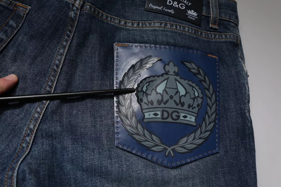 Dolce & Gabbana Blaue DG Crown Logo Baumwoll-Skinny Denim Jeans