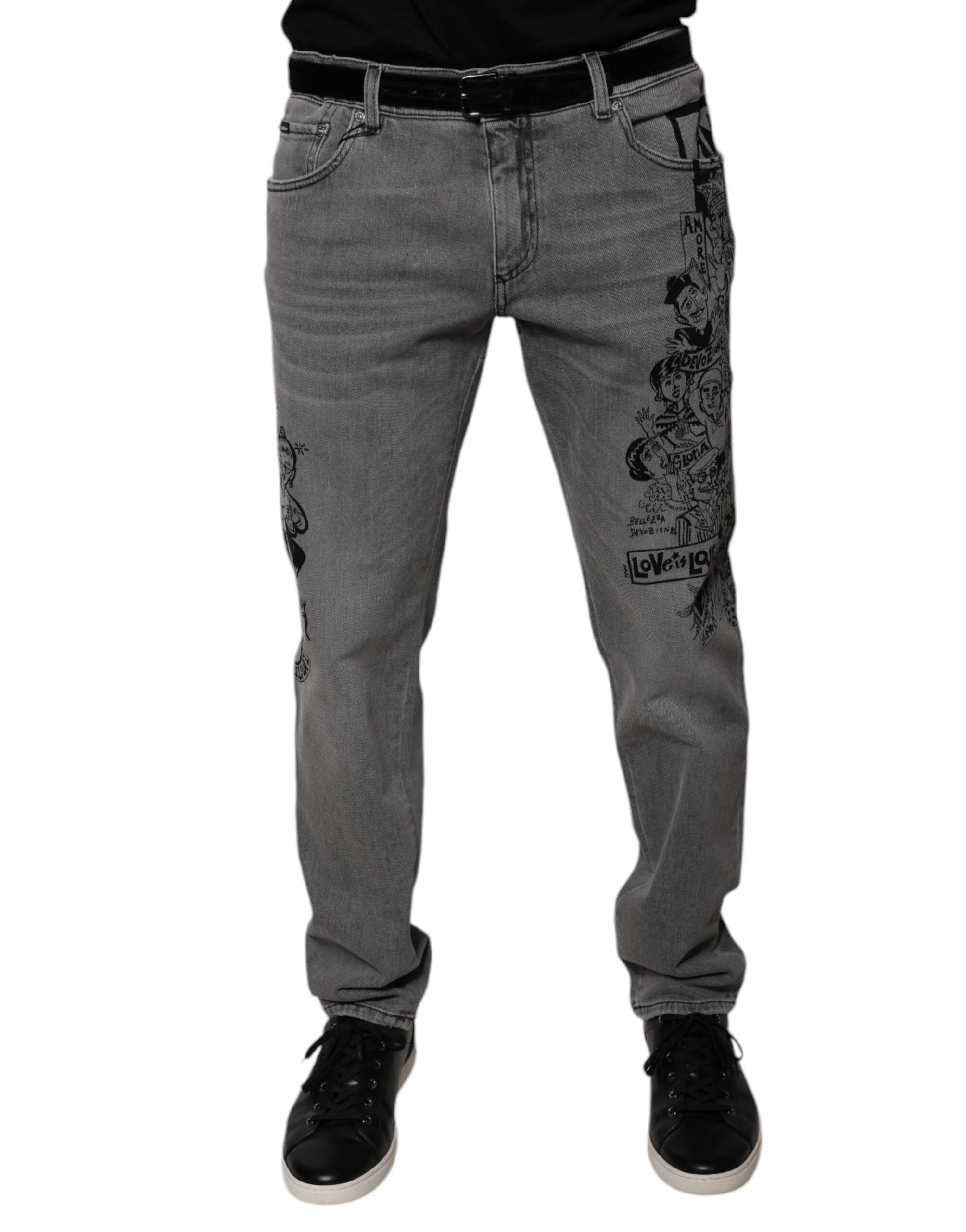 Dolce & Gabbana Graue Skinny Denim-Jeans mit Grafikdruck aus Baumwolle