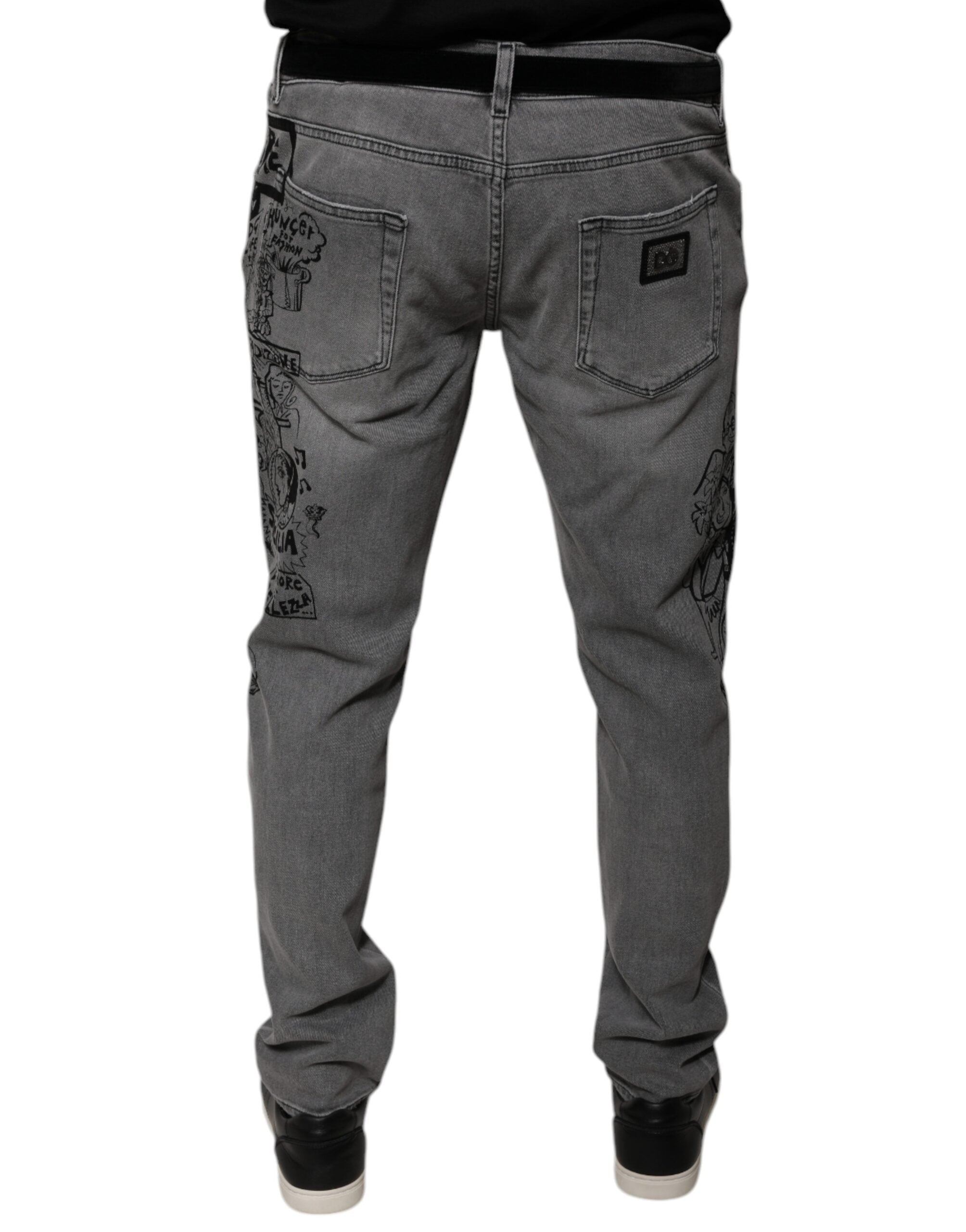 Dolce & Gabbana Graue Skinny Denim-Jeans mit Grafikdruck aus Baumwolle