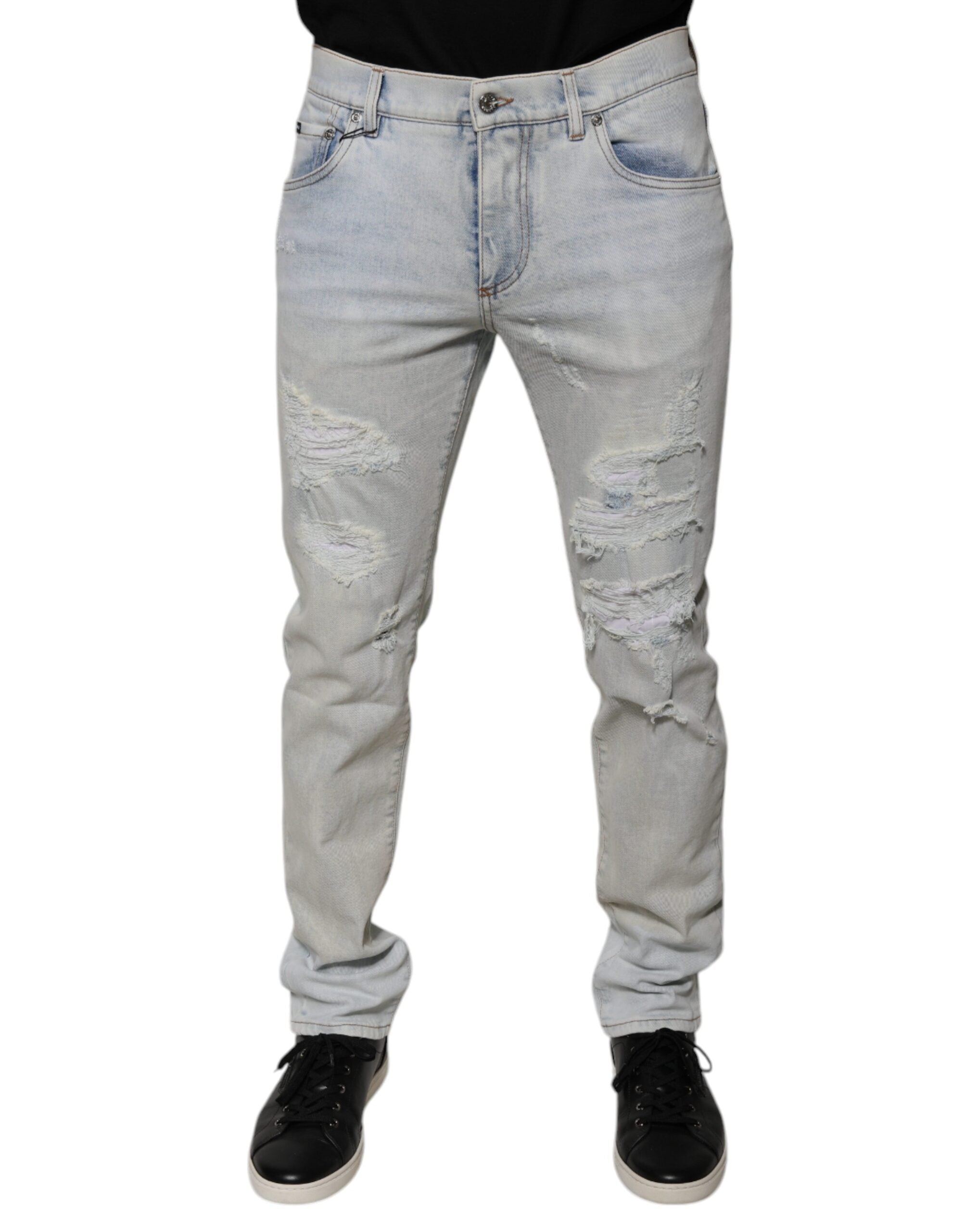Dolce & Gabbana Hellblaue zerfledderte Skinny Denim Jeans aus Baumwollmischung