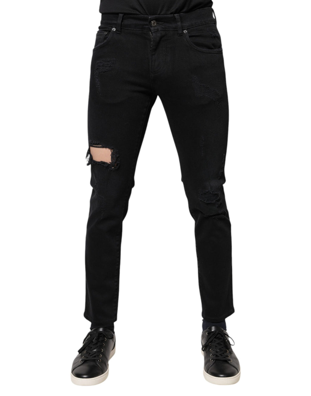 Dolce & Gabbana Schwarze Baumwoll-Skinny-Denim-Jeans mit Logo, zerschlissen