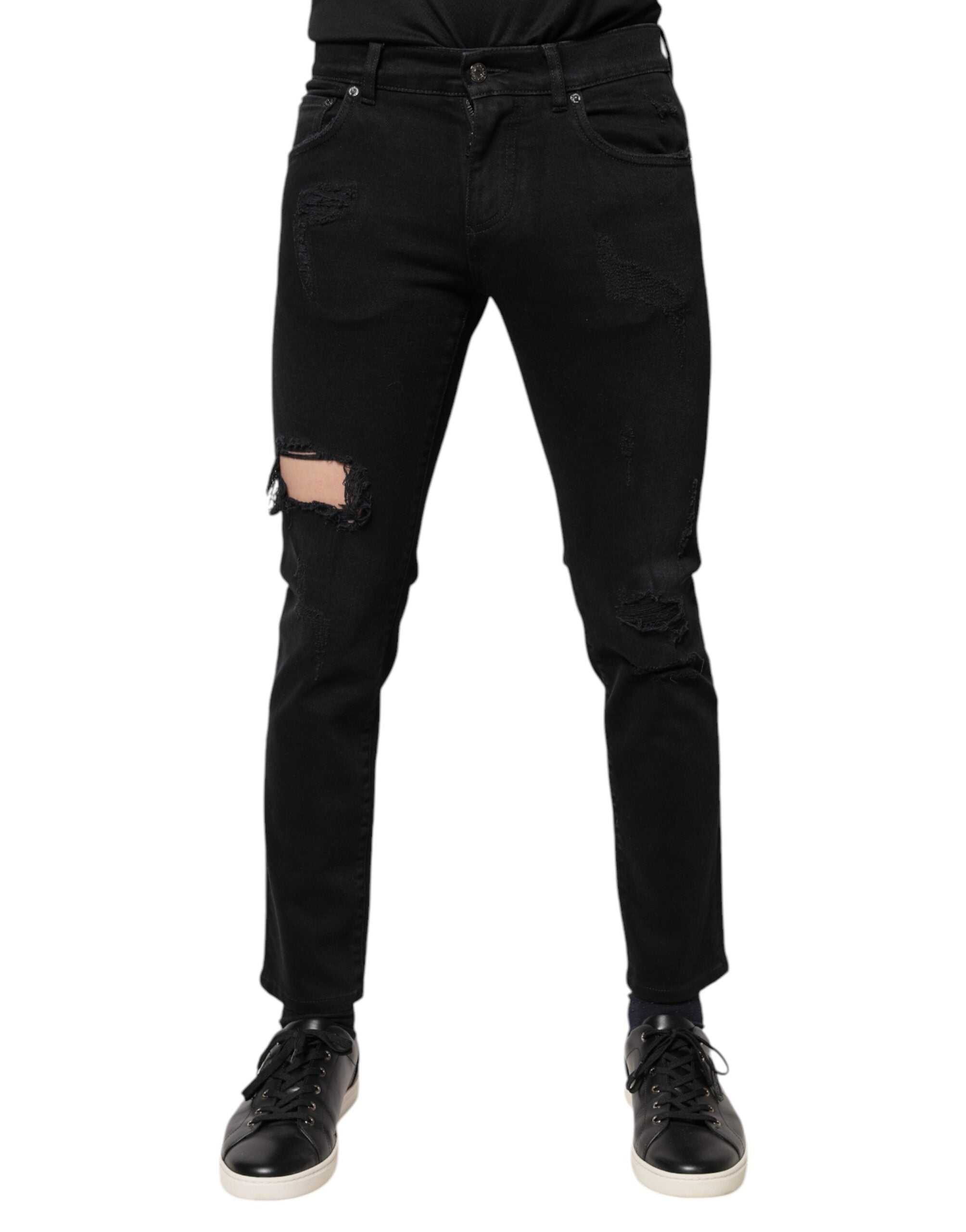 Dolce & Gabbana Schwarze Baumwoll-Skinny-Denim-Jeans mit Logo, zerschlissen