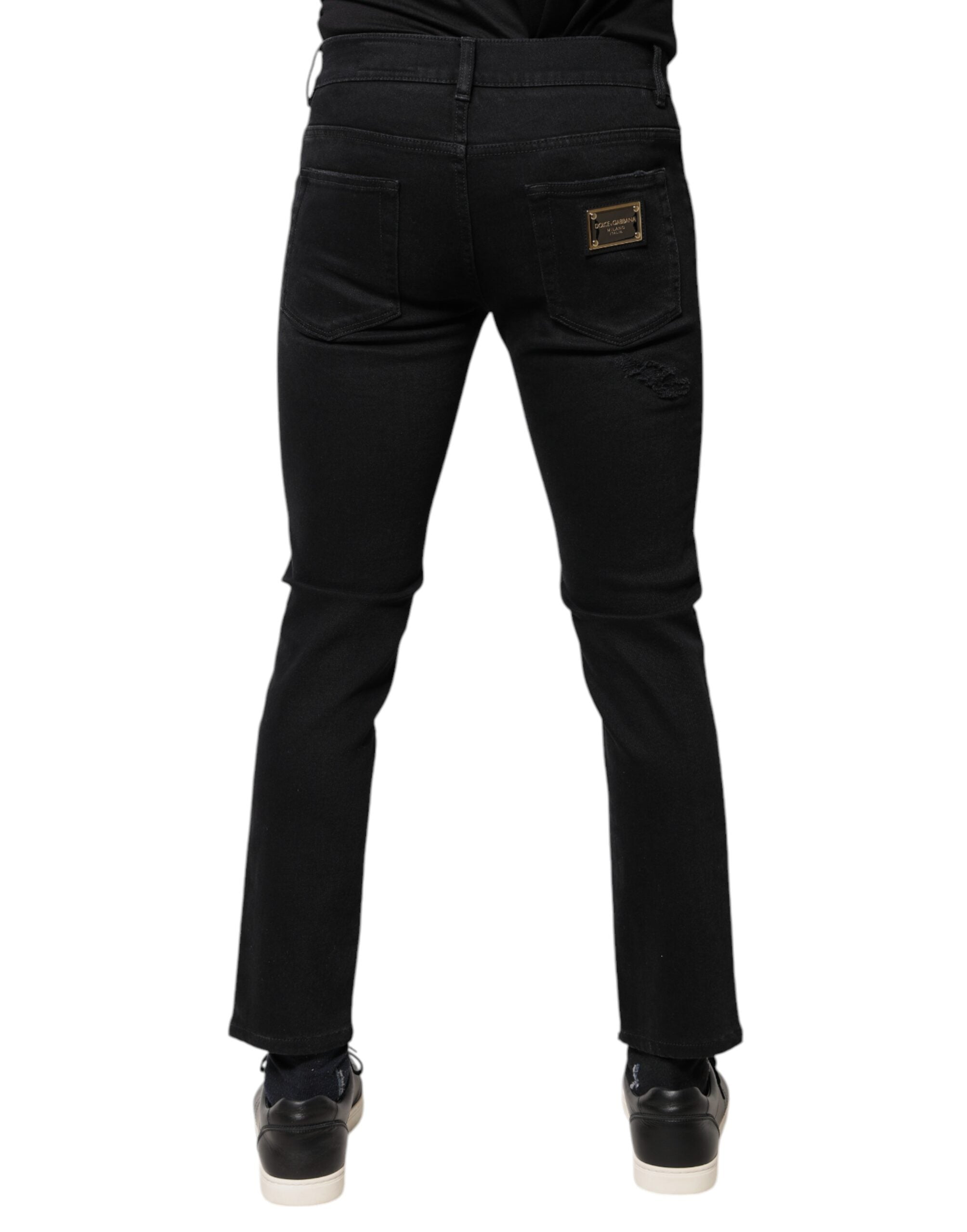 Dolce & Gabbana Schwarze Baumwoll-Skinny-Denim-Jeans mit Logo, zerschlissen
