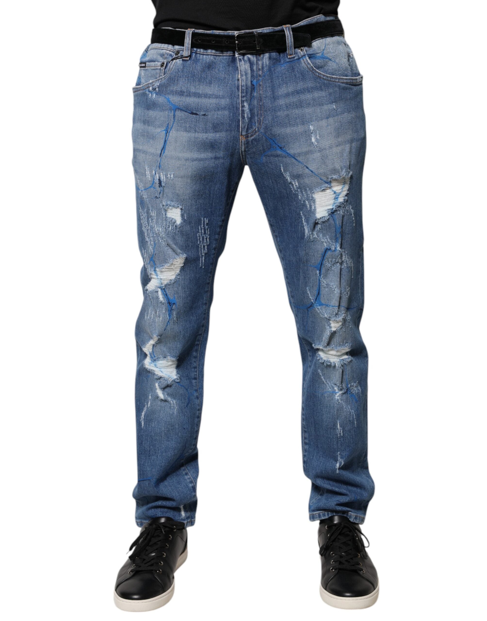 Dolce & Gabbana Blaue Baumwoll-Stretch-Skinny-Jeans aus zerrissenem Denim