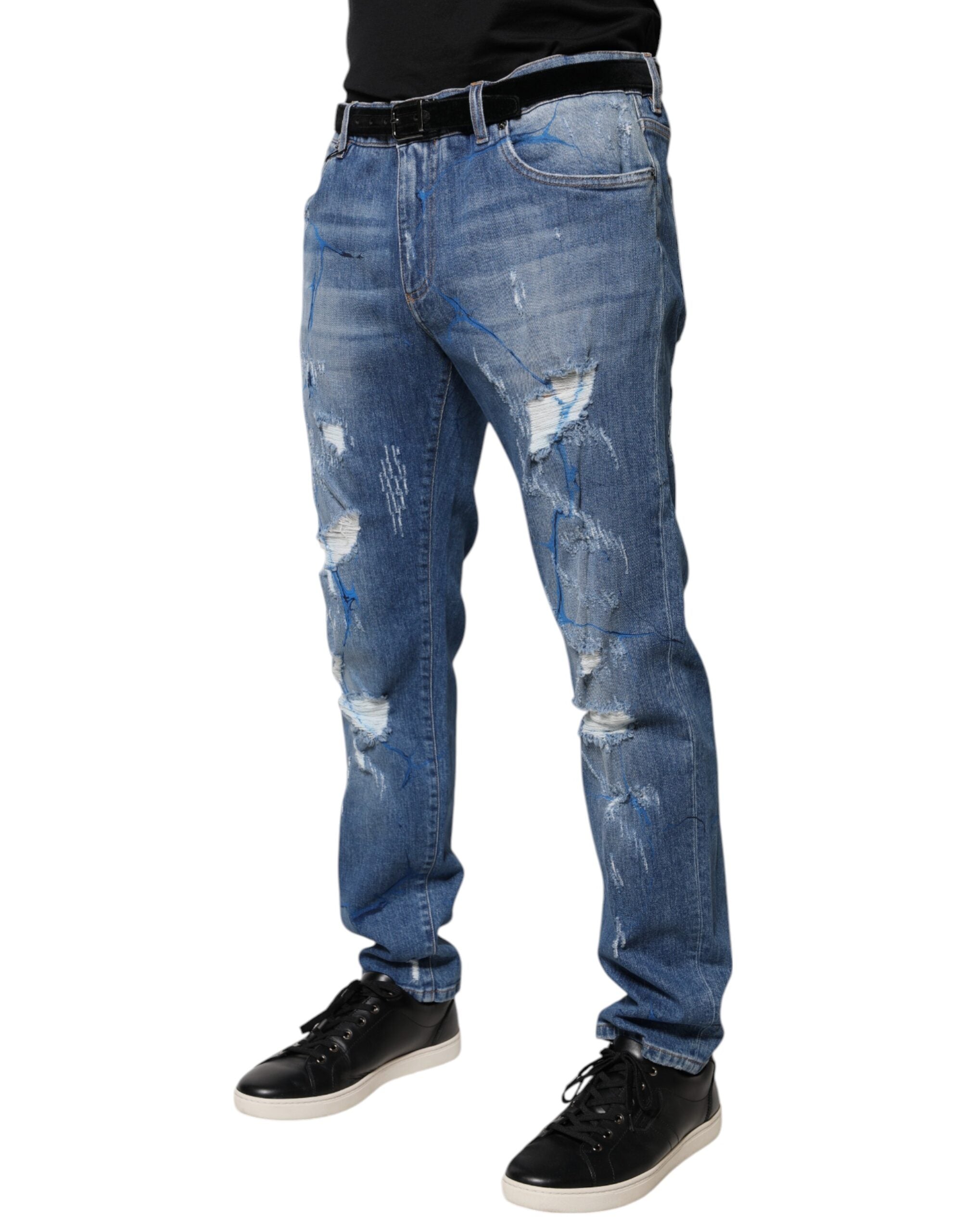 Dolce & Gabbana Blaue Baumwoll-Stretch-Skinny-Jeans aus zerrissenem Denim