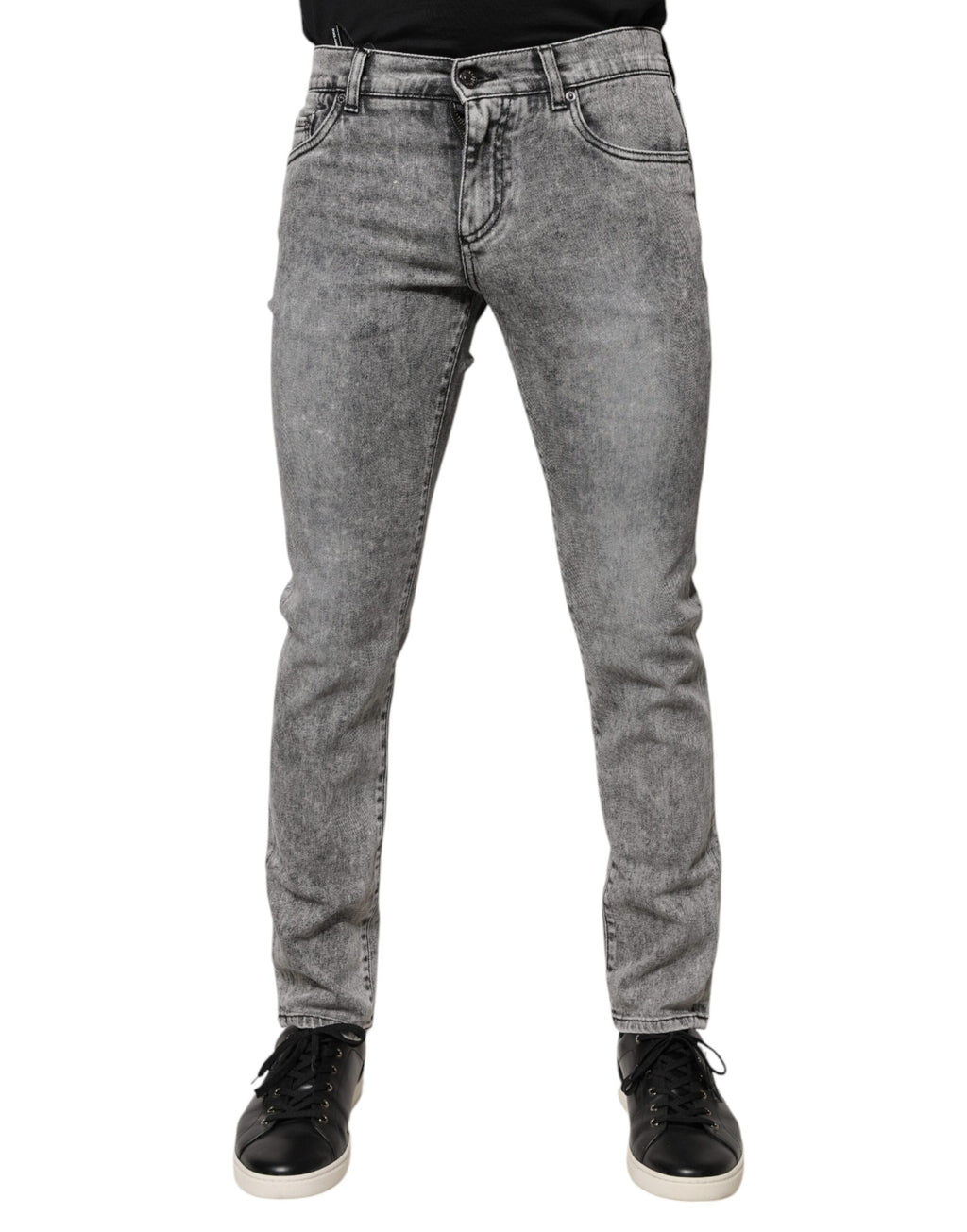 Dolce & Gabbana Graue Logo-Plakette Baumwolle Slim Fit Denim Jeans