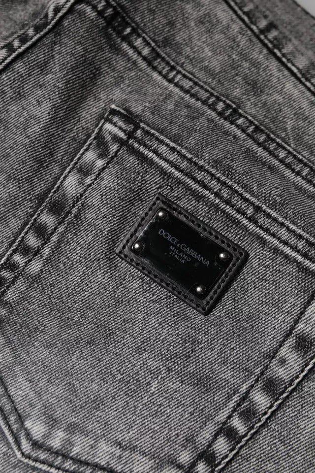 Dolce & Gabbana Graue Logo-Plakette Baumwolle Slim Fit Denim Jeans