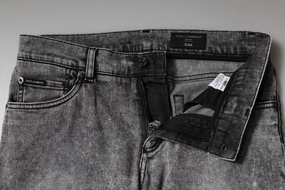 Dolce & Gabbana Graue Logo-Plakette Baumwolle Slim Fit Denim Jeans