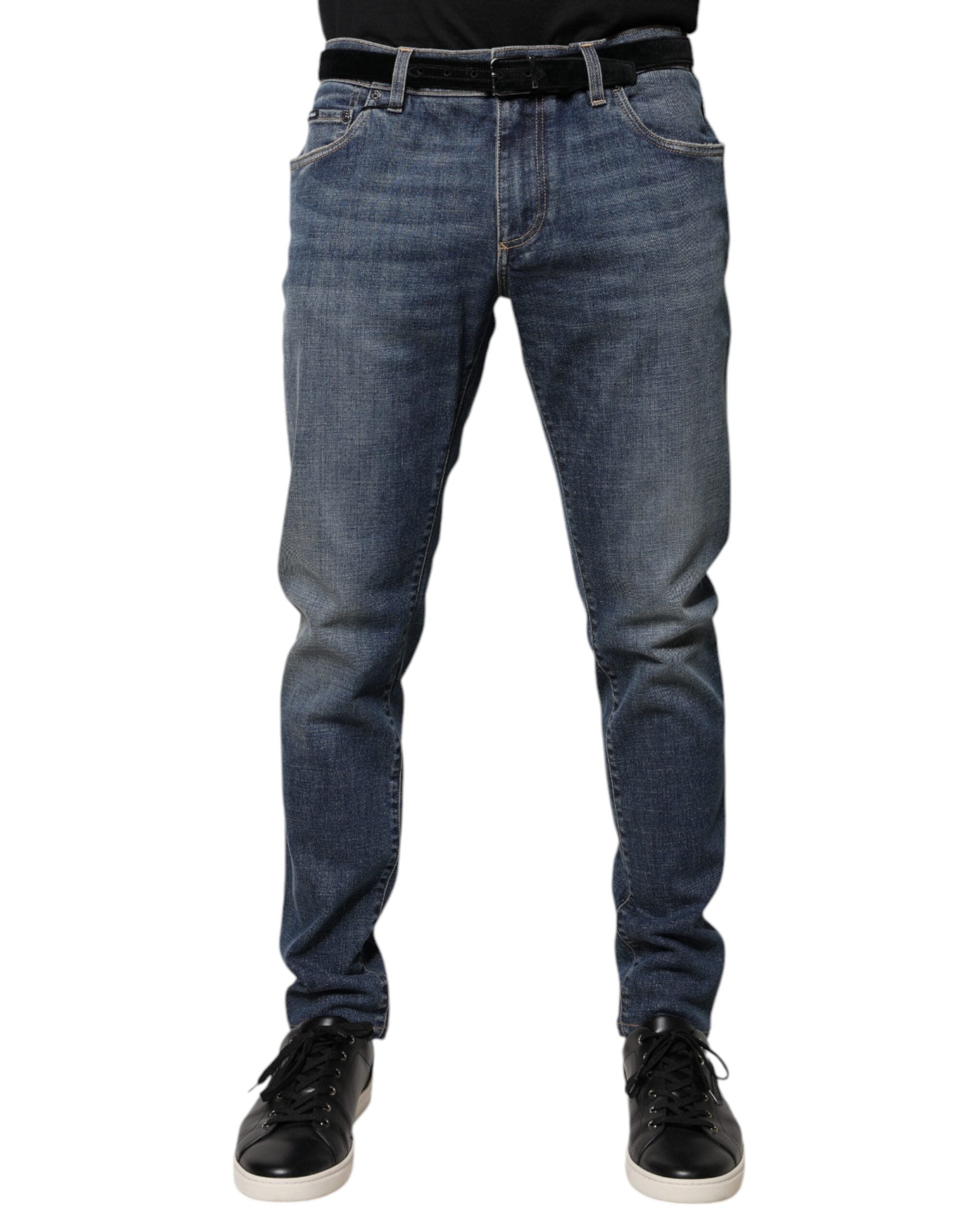Dolce & Gabbana Blaue Logo-Plakette Baumwolle Skinny Denim Jeans