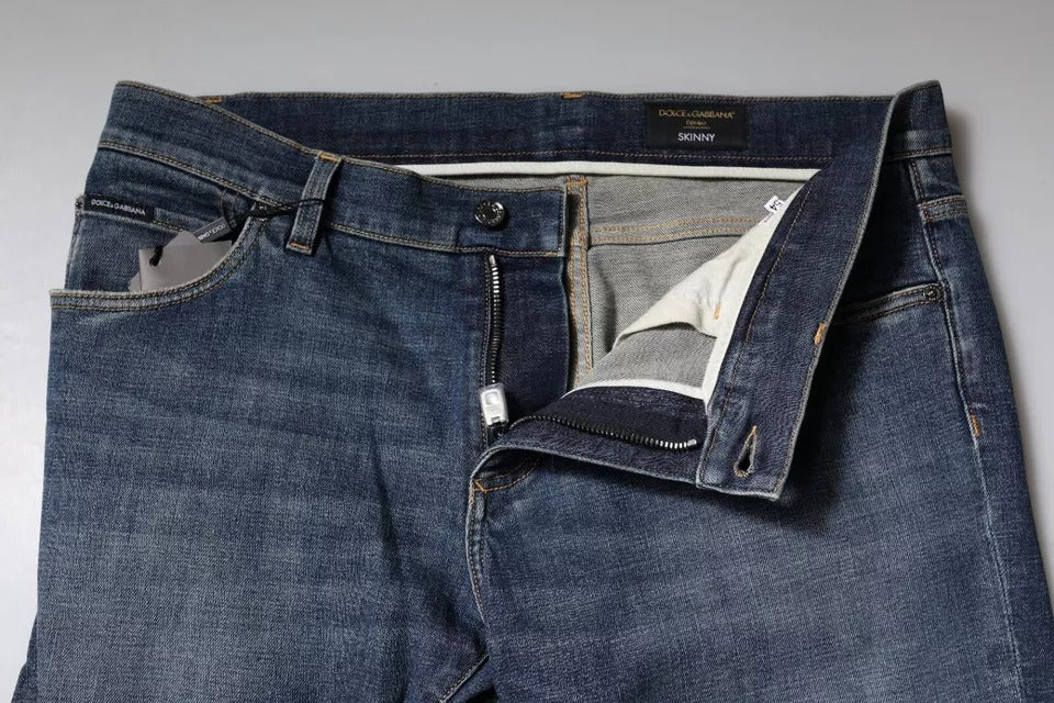 Dolce & Gabbana Blaue Logo-Plakette Baumwolle Skinny Denim Jeans