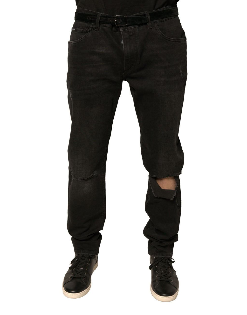 Dolce & Gabbana Schwarze zerrissene Logo-Baumwoll-Skinny-Denim-Jeans