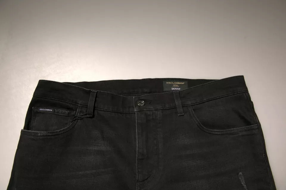 Dolce & Gabbana Schwarze zerrissene Logo-Baumwoll-Skinny-Denim-Jeans
