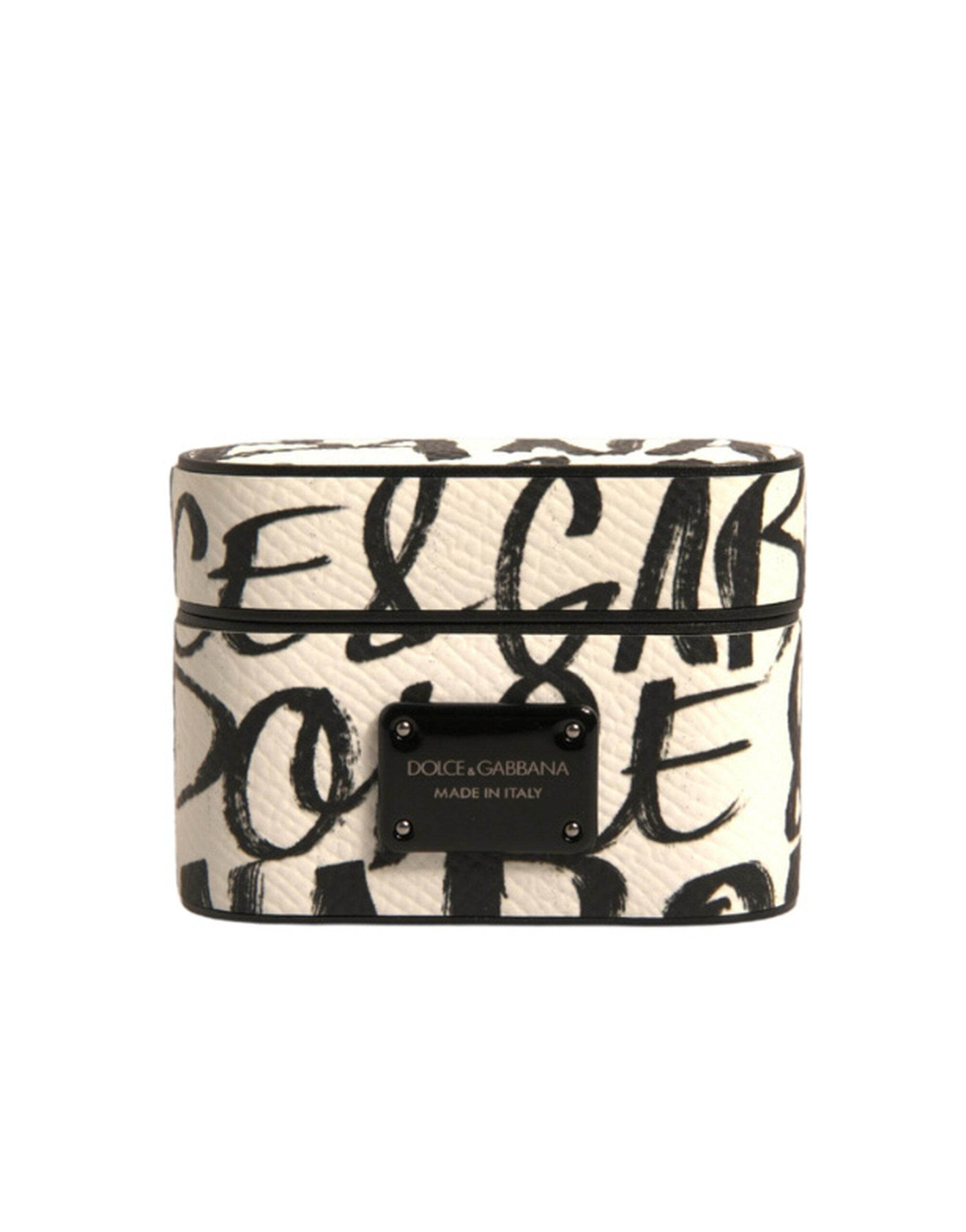 Dolce & Gabbana Schwarzes weißes Leder Scribble mit geprägtem Logo Airpods Etui