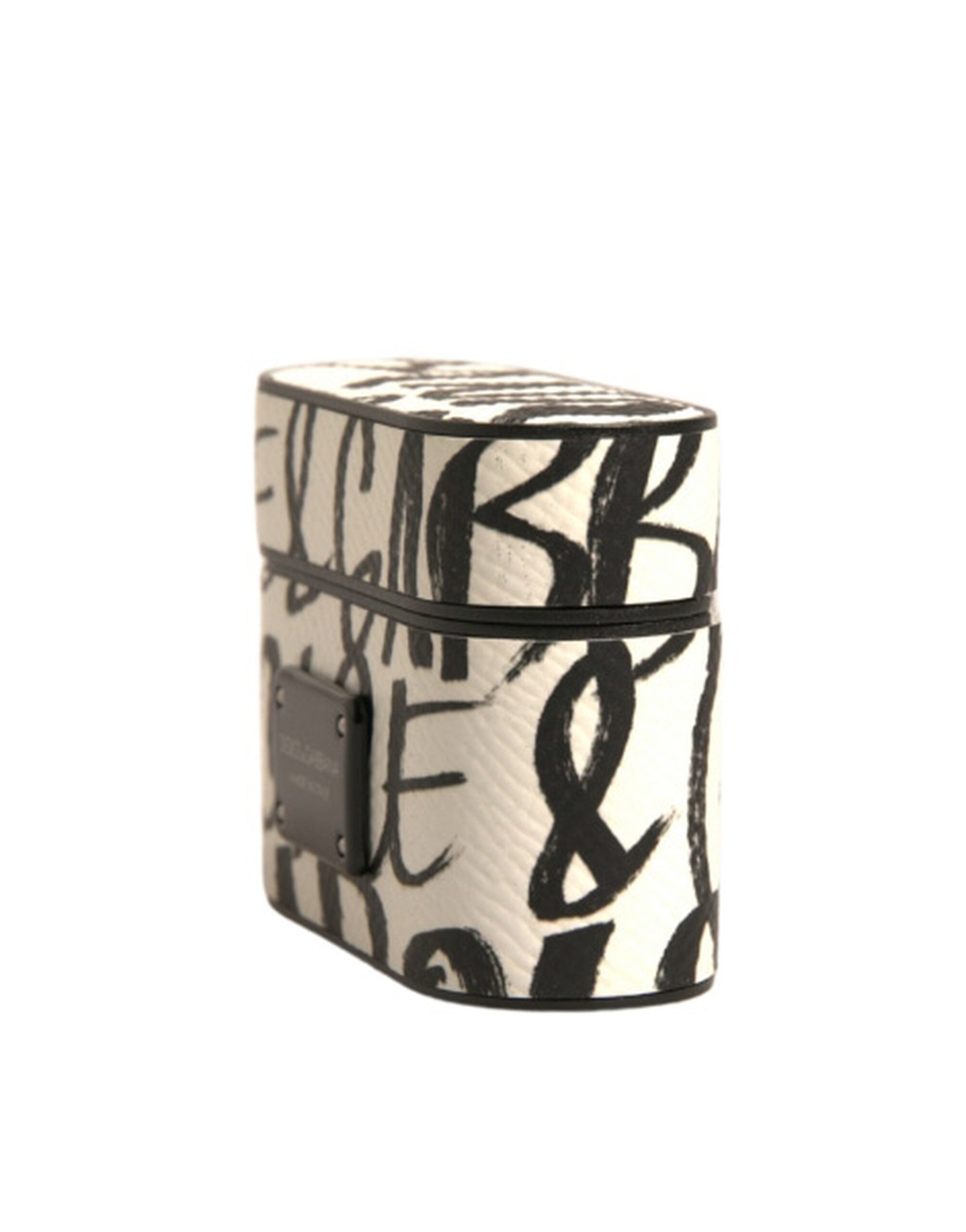 Dolce & Gabbana Schwarzes weißes Leder Scribble mit geprägtem Logo Airpods Etui