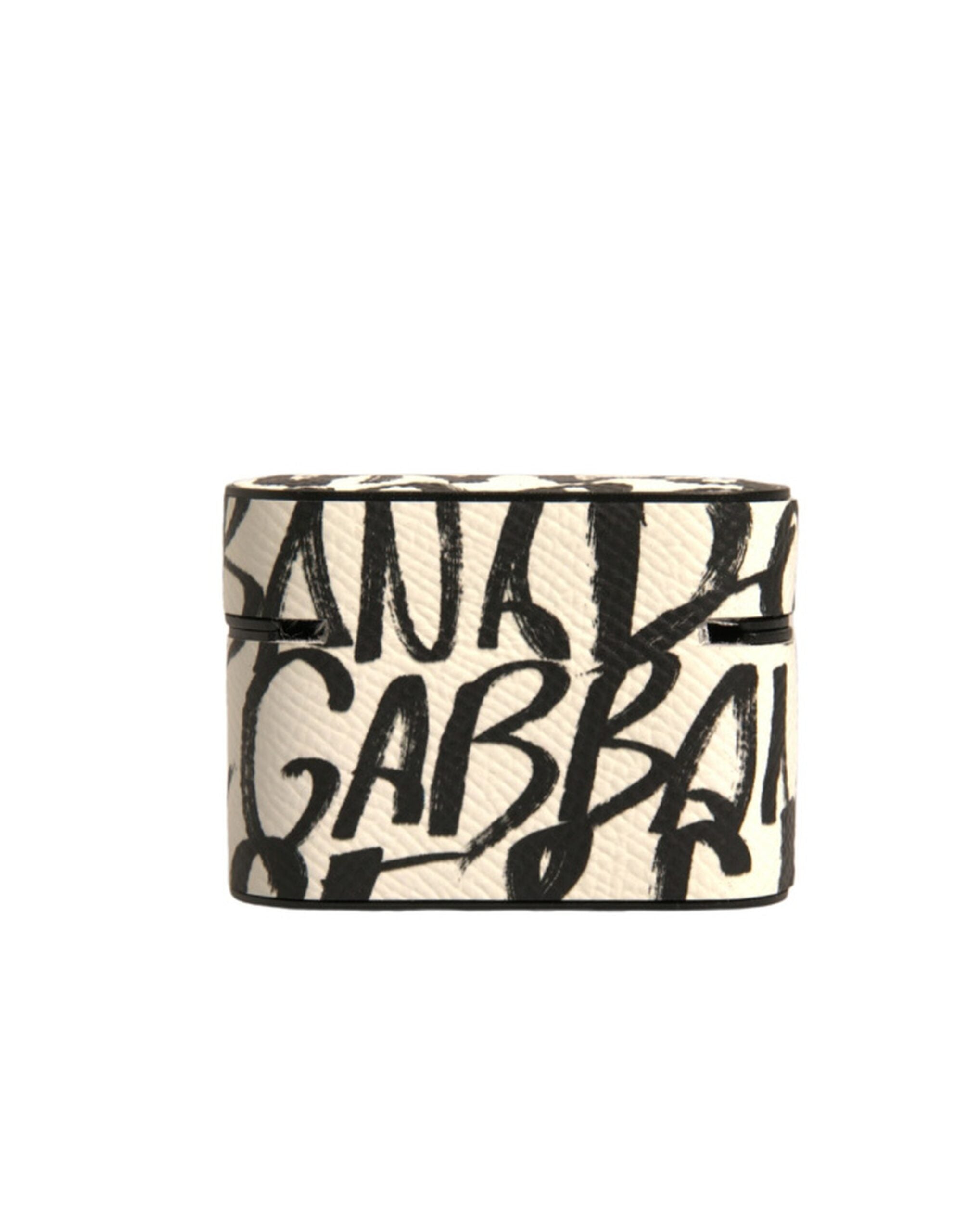 Dolce & Gabbana Schwarzes weißes Leder Scribble mit geprägtem Logo Airpods Etui