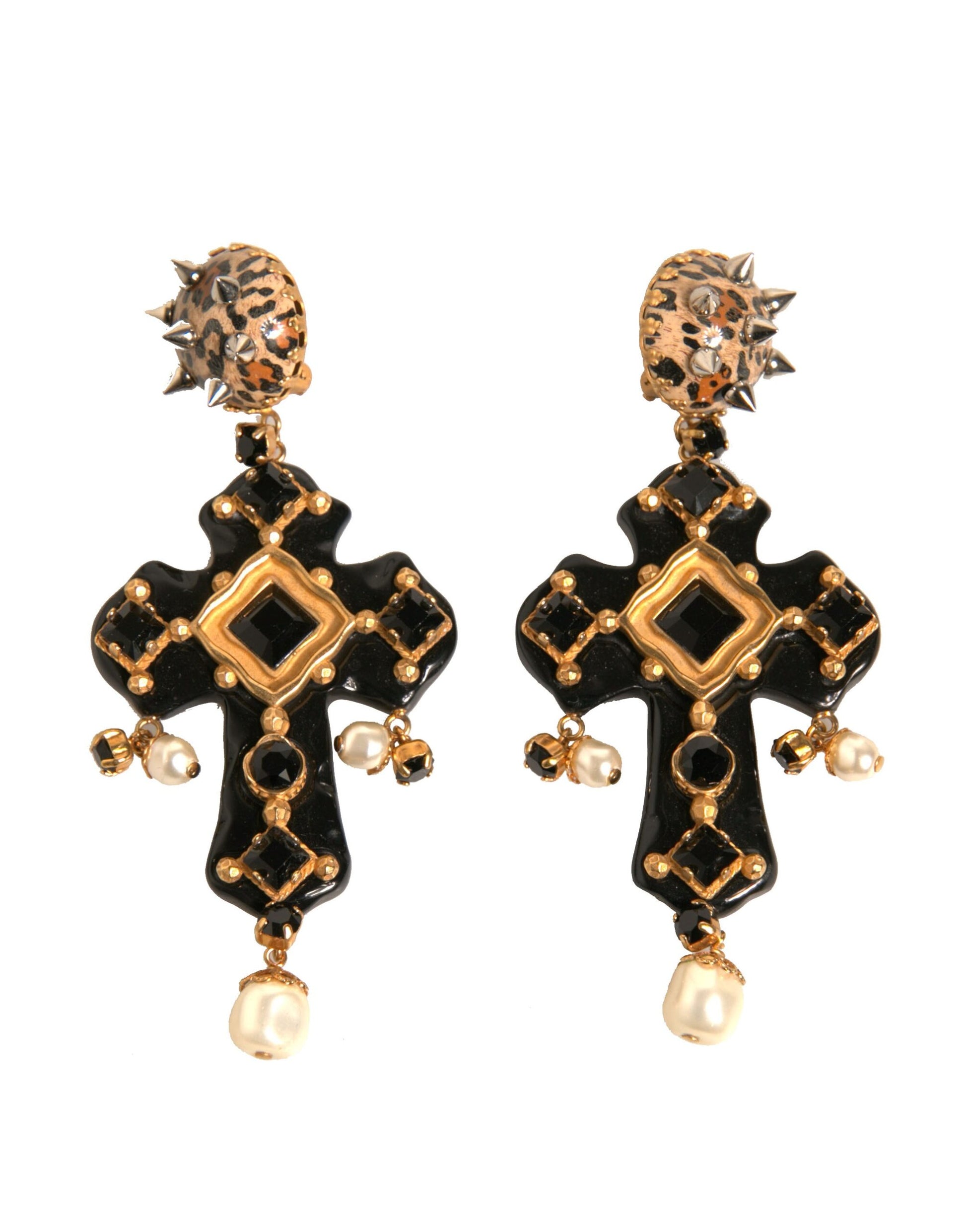 Dolce & Gabbana Schwarzes Kristallkreuz Kristall verschönert Gold Clip On Ohrringe