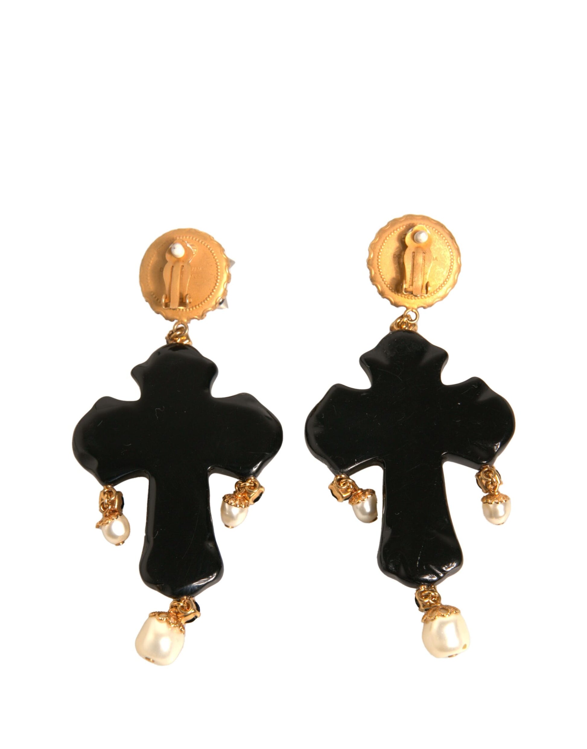 Dolce & Gabbana Schwarzes Kristallkreuz Kristall verschönert Gold Clip On Ohrringe