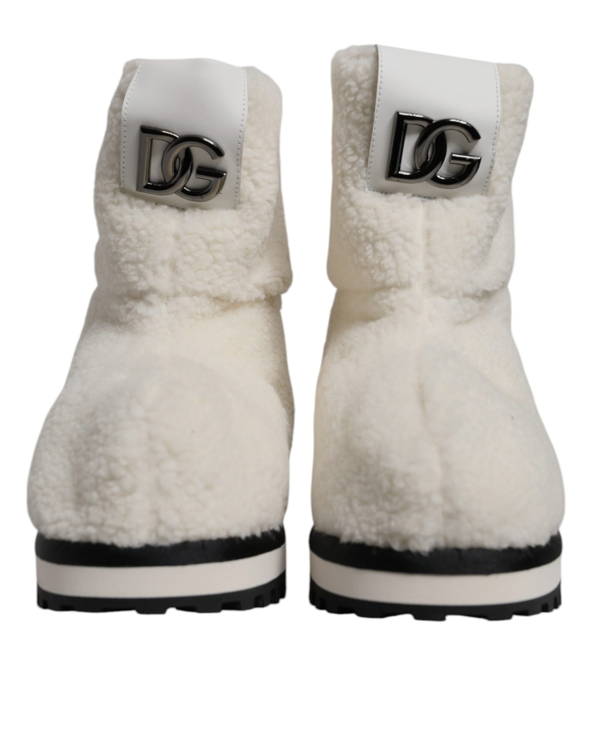Dolce & Gabbana Weiße Plüsch Logo Gepolsterte Mittlere Wadenstiefel Schuhe