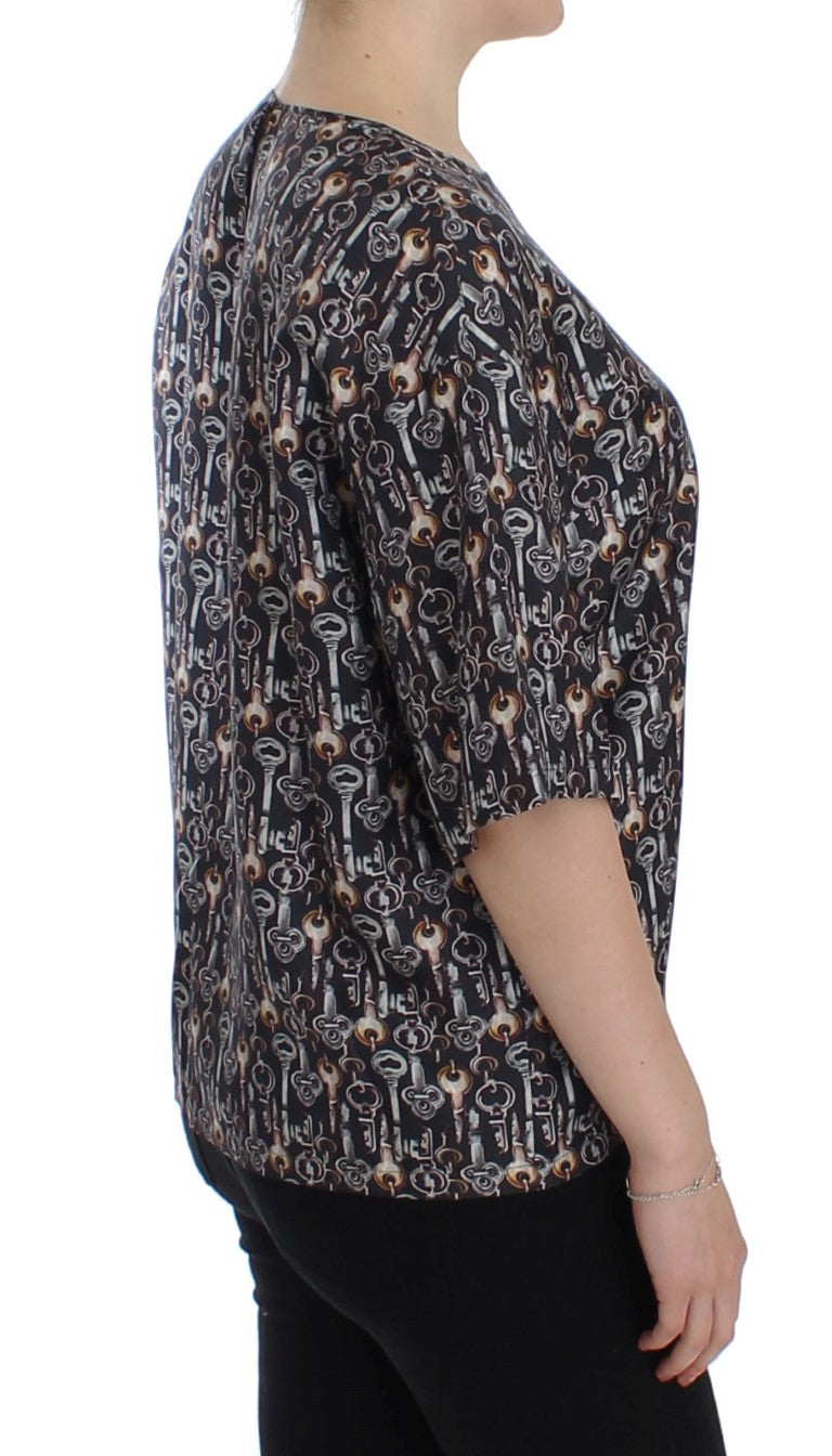 Dolce & Gabbana Graue Seidenbluse mit Goldschlüssel-Druck T-shirt
