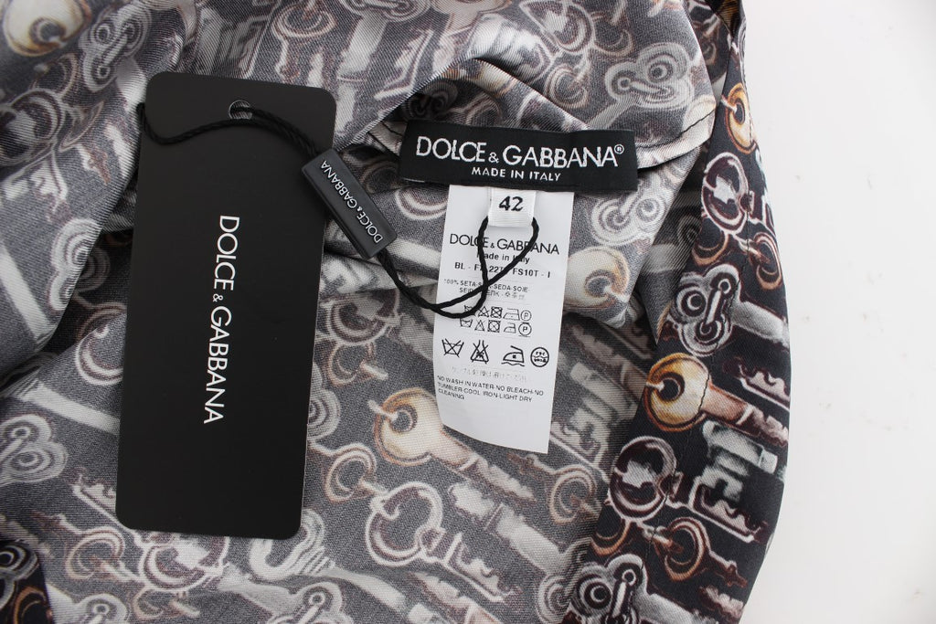 Dolce & Gabbana Graue Seidenbluse mit Goldschlüssel-Druck T-shirt