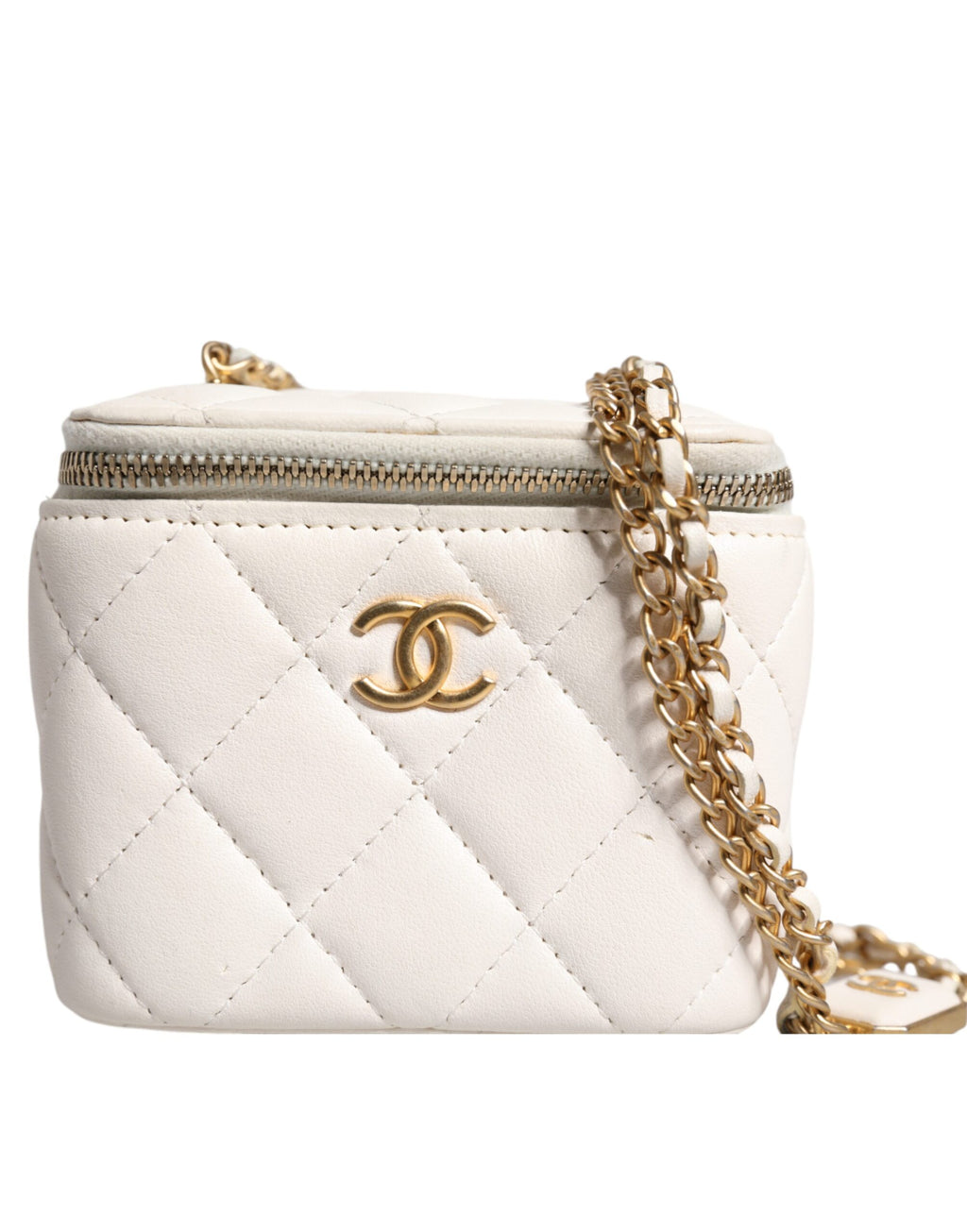 Chanel Weißer Matelasse-Lammfell-Goldketten-Schulterspiegel Vanity Mirror
