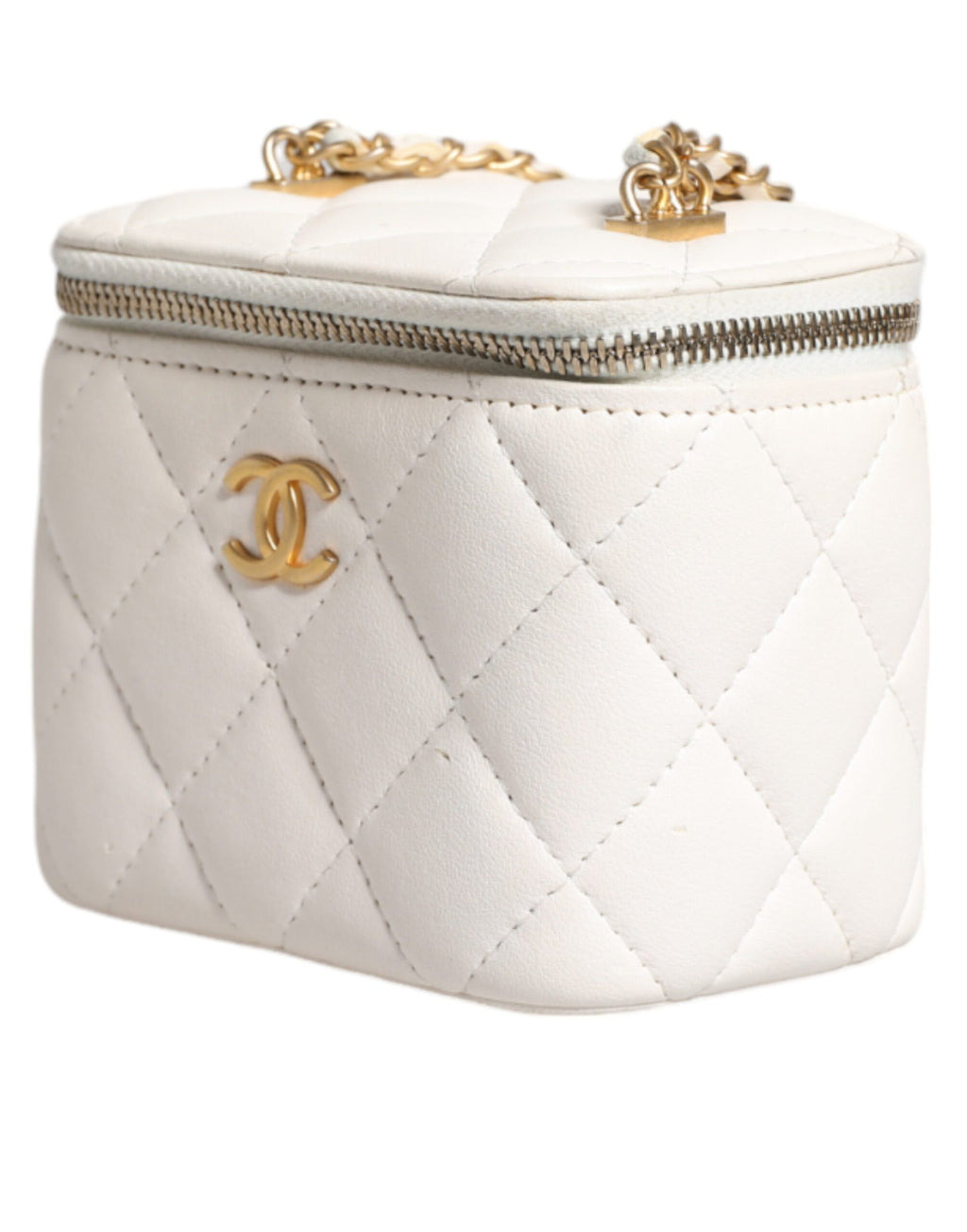 Chanel Weißer Matelasse-Lammfell-Goldketten-Schulterspiegel Vanity Mirror
