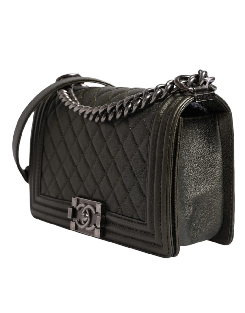 Chanel Dunkelgrüne Leder-Umhängetasche Graue Metall-Geldbörse Tasche