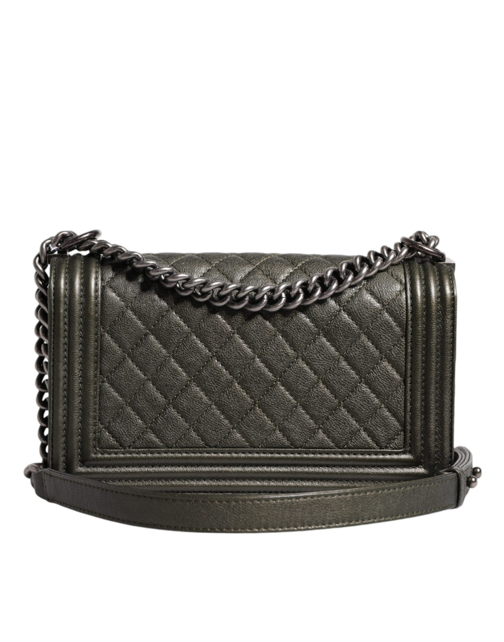 Chanel Dunkelgrüne Leder-Umhängetasche Graue Metall-Geldbörse Tasche