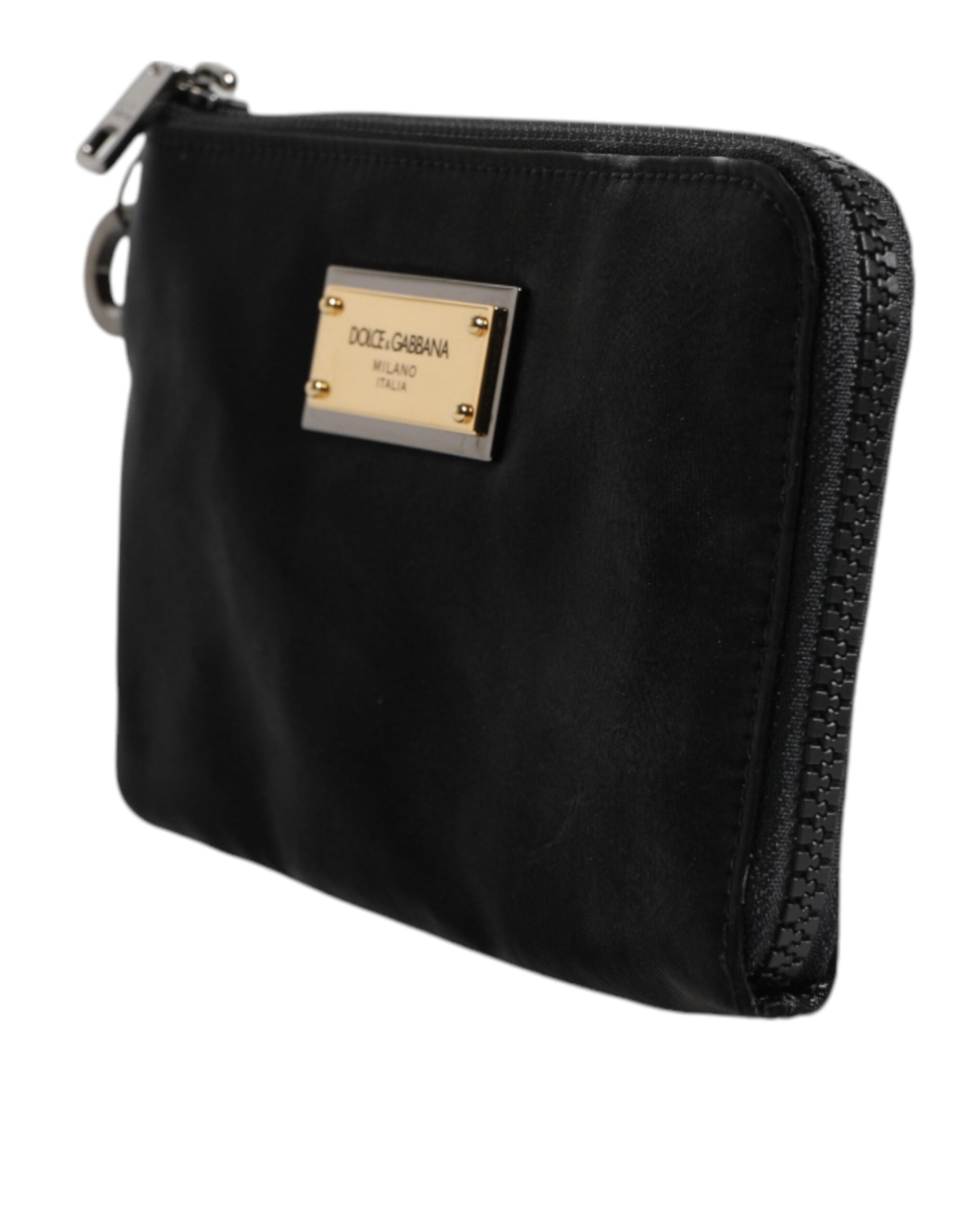 Dolce & Gabbana Schwarzes Nylon Logo Plaque Schlüsselanhänger Tasche Clutch