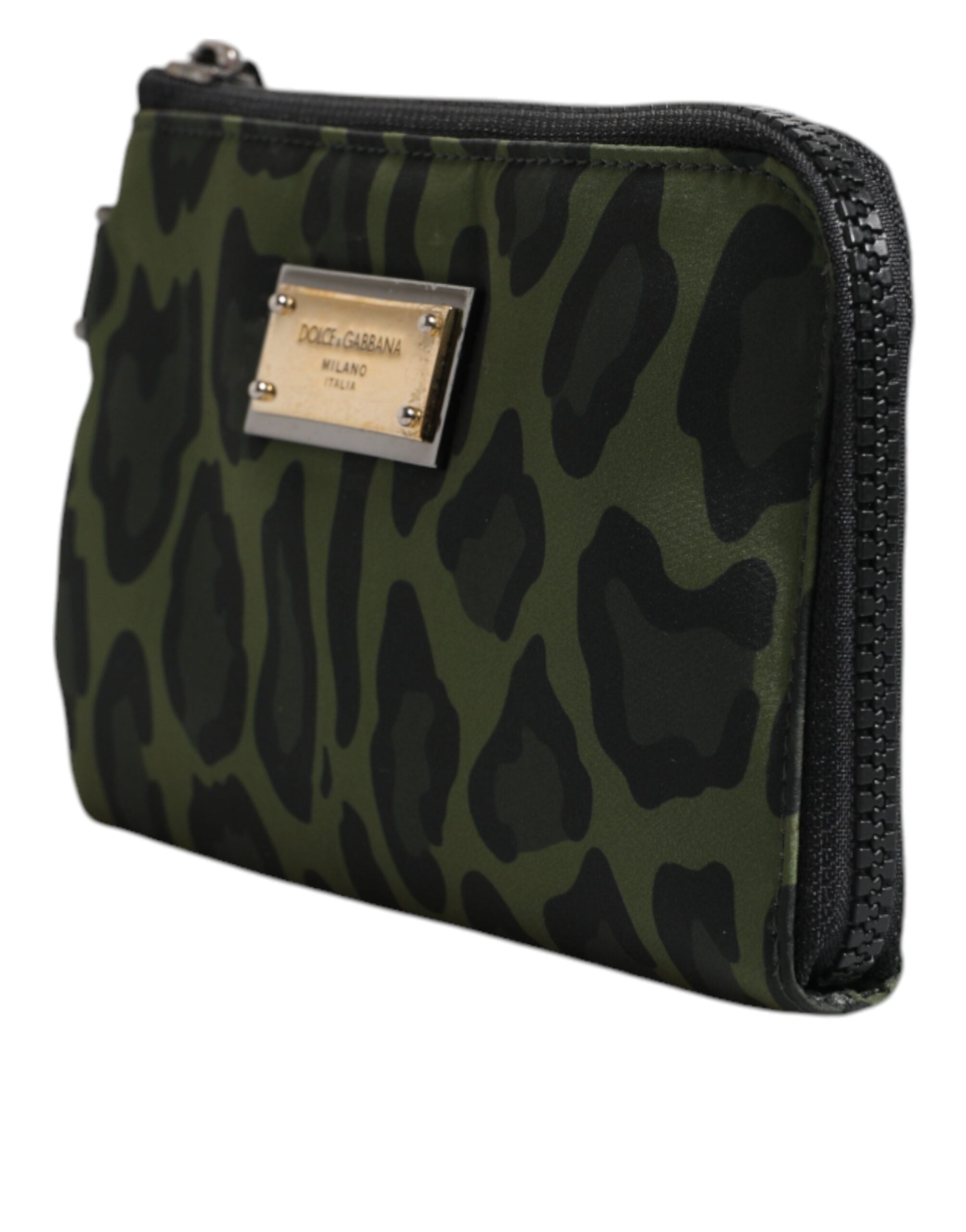 Dolce & Gabbana Grüne Leopardenleder-Logo-Plakette Multifunktions-Kit-Tasche
