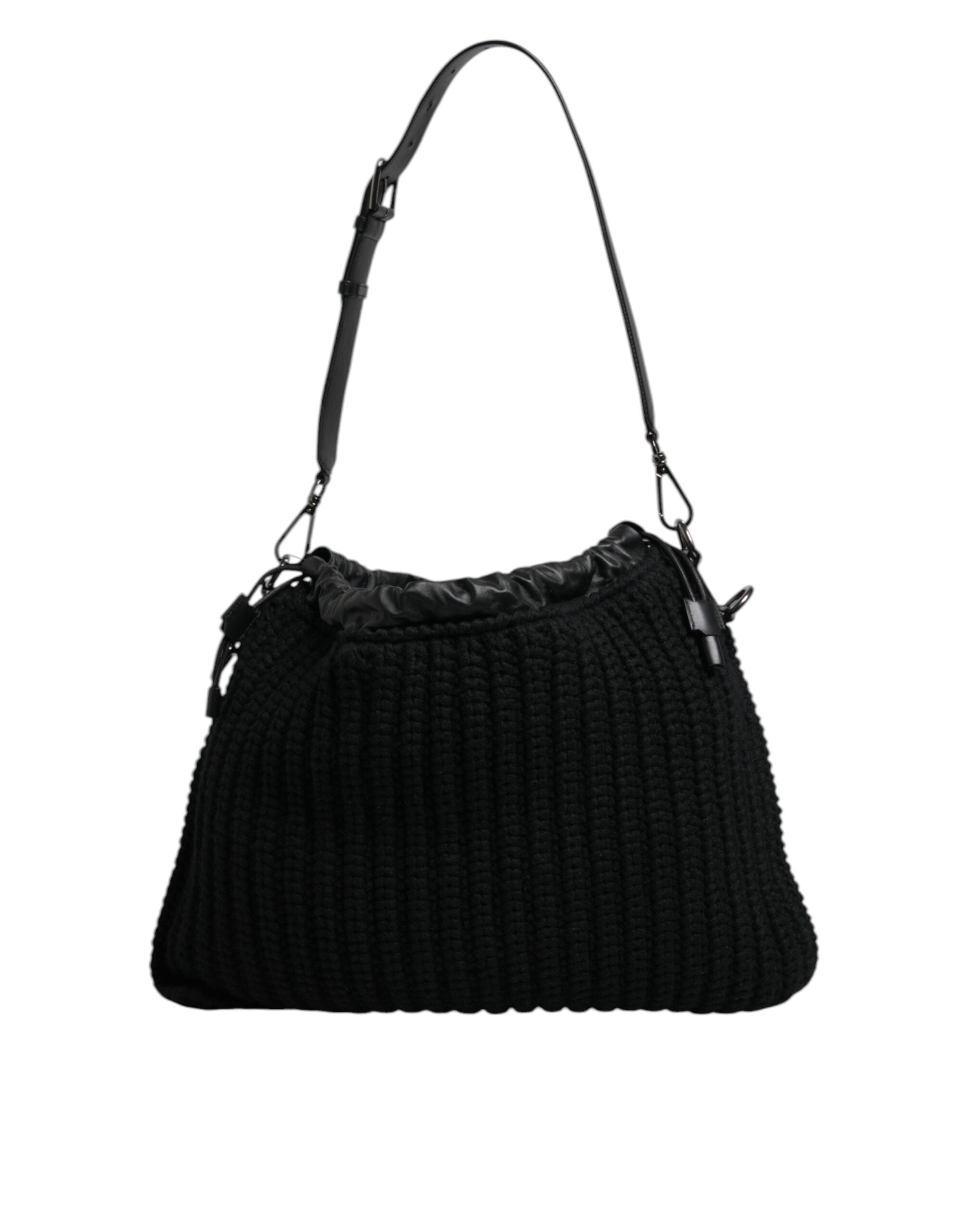Dolce & Gabbana Schwarze Umhängetasche aus Leder mit Kaschmirstrick