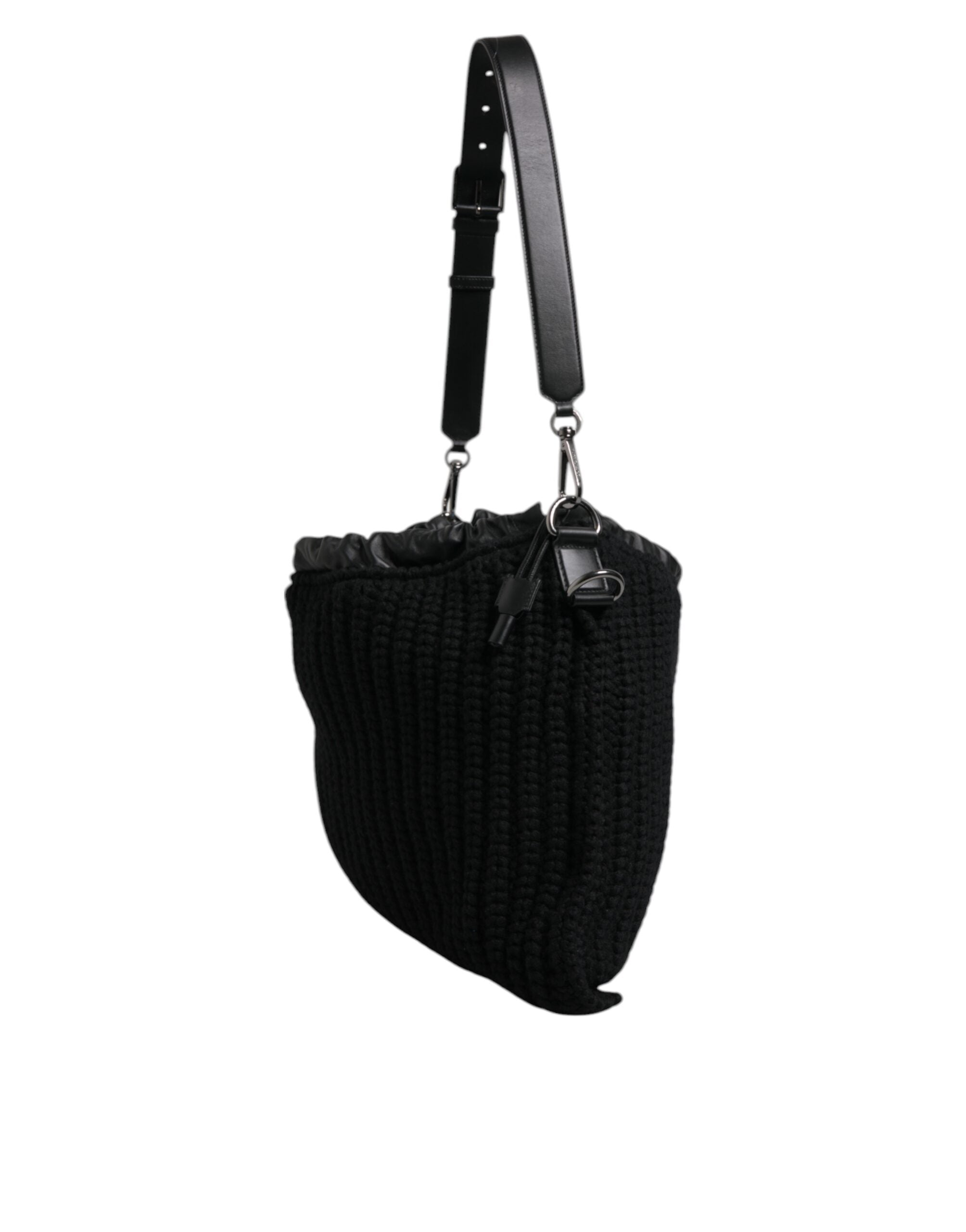 Dolce & Gabbana Schwarze Umhängetasche aus Leder mit Kaschmirstrick