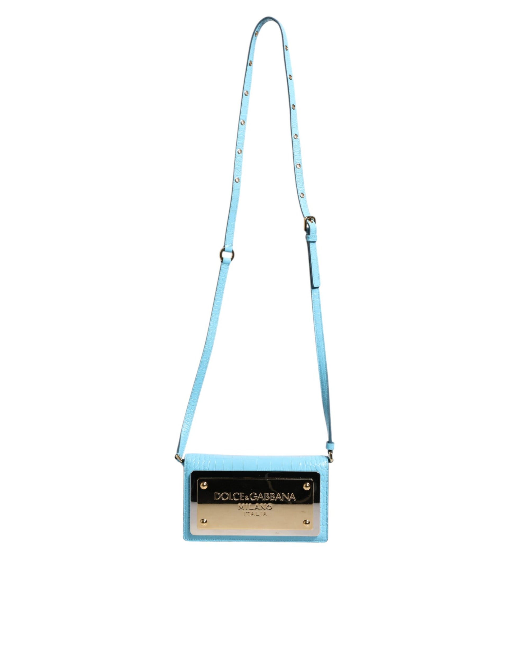 Dolce & Gabbana Blaue Maxi Plate Leder Crossbody Handytasche mit Branding