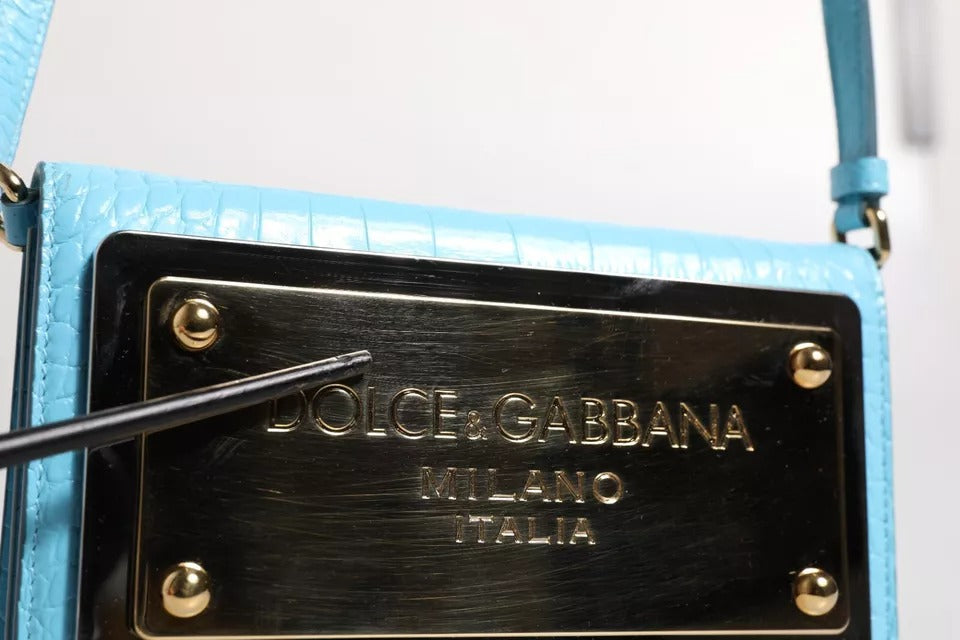 Dolce & Gabbana Blaue Maxi Plate Leder Crossbody Handytasche mit Branding