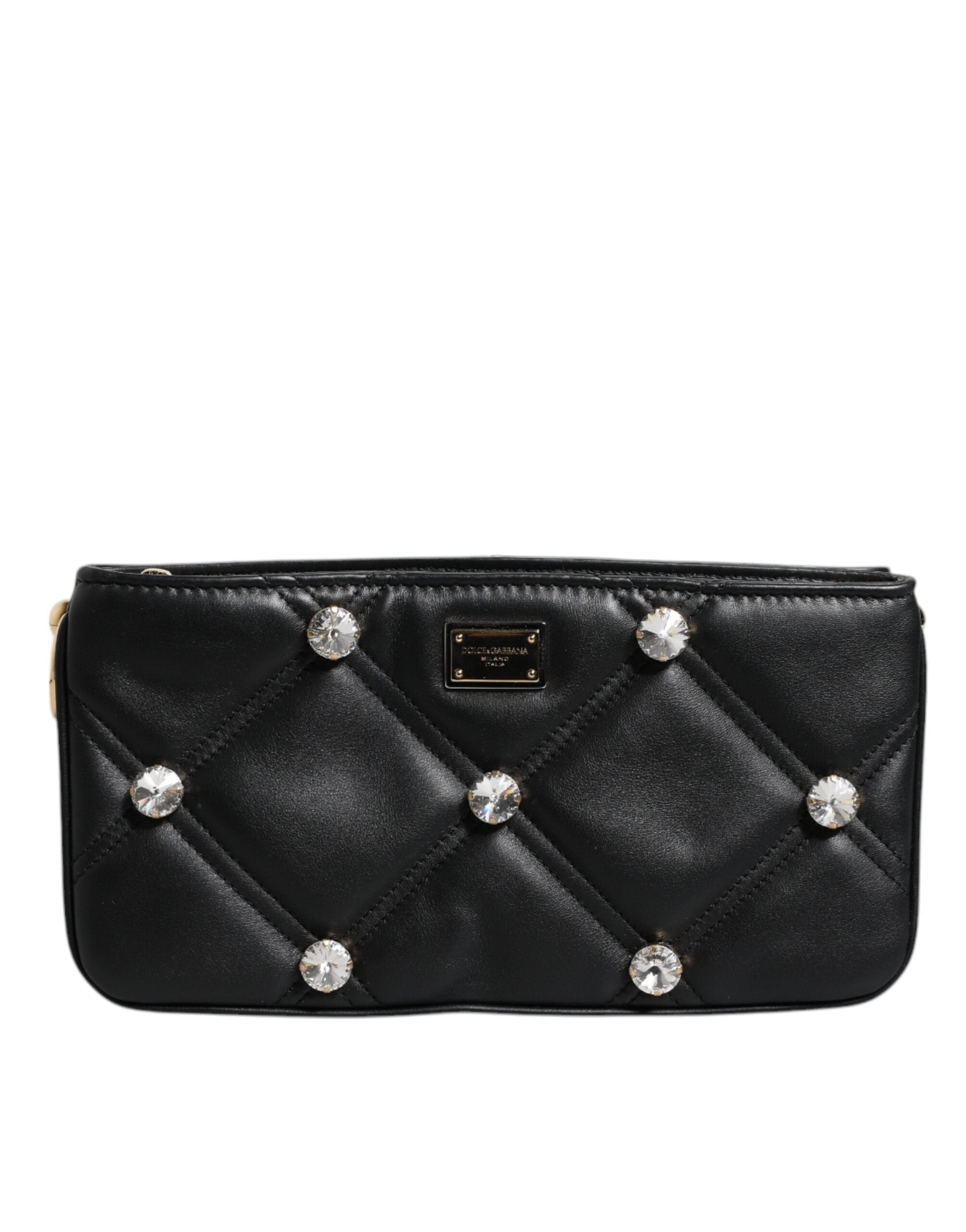 Dolce & Gabbana Schwarze Leder-Umhängetasche mit kristallbesetztem Logo