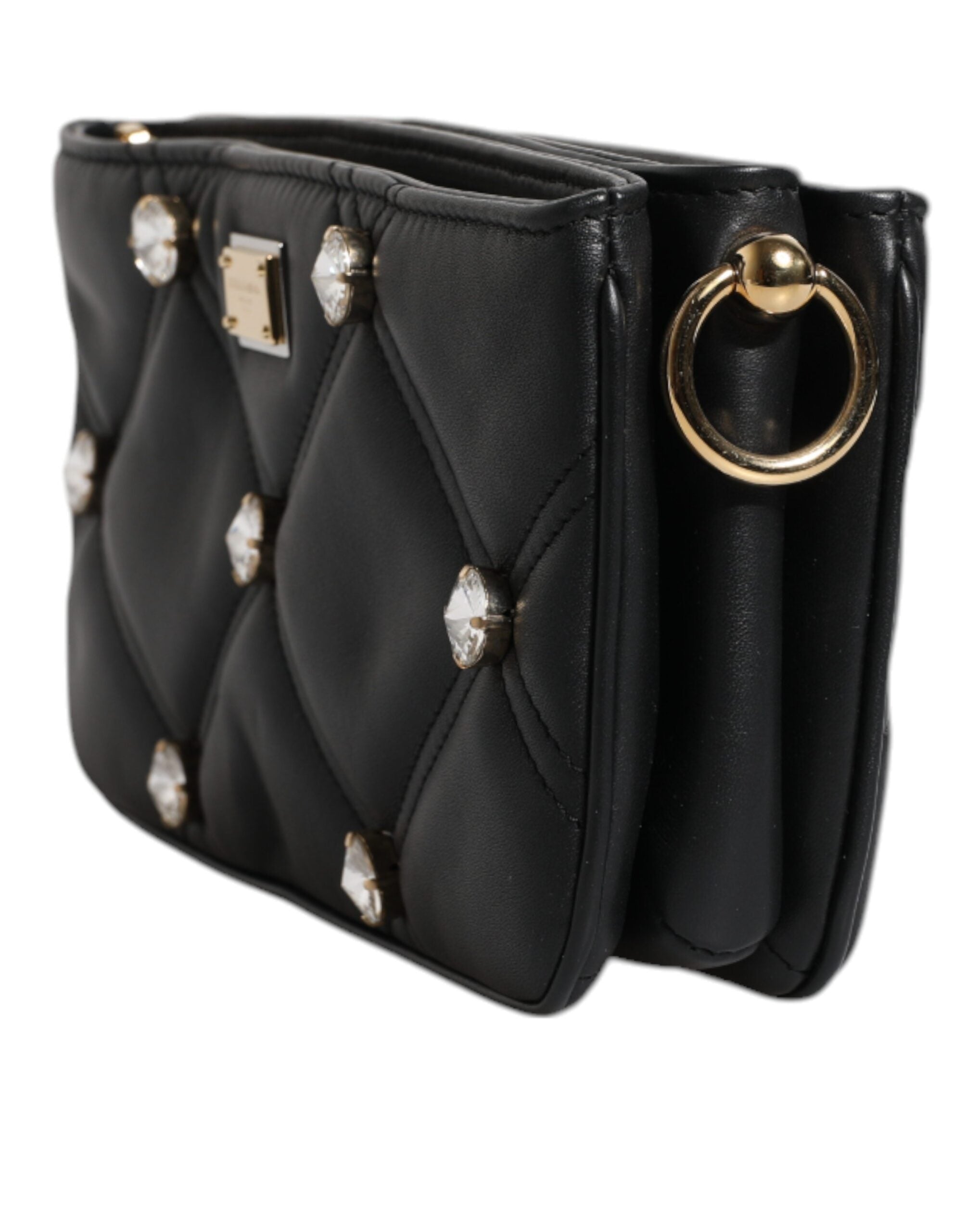 Dolce & Gabbana Schwarze Leder-Umhängetasche mit kristallbesetztem Logo