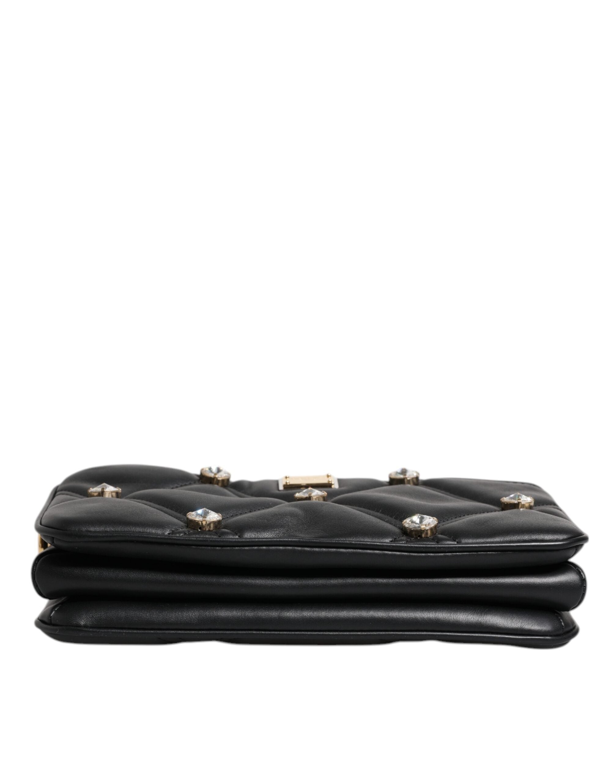 Dolce & Gabbana Schwarze Leder-Umhängetasche mit kristallbesetztem Logo